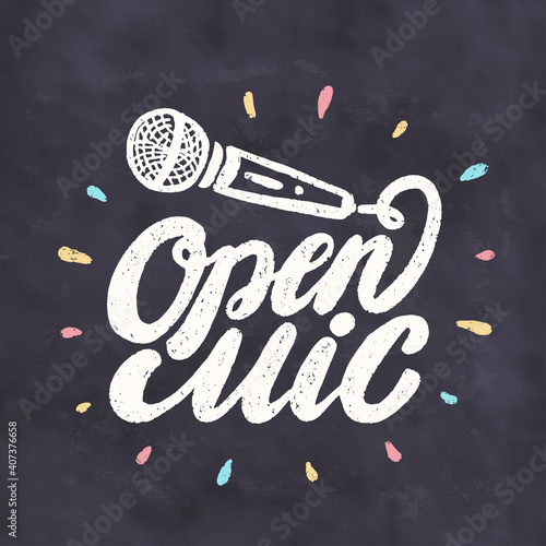 Open mic. Chalkboard vector sign.