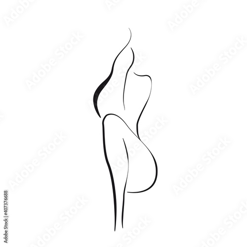 Trendy Line Art Woman Body. Minimalistic Black Lines Drawing. Female Figure Continuous One Line Abstract Drawing. Modern Scandinavian Design. Naked Body Art. Vector Illustration.
