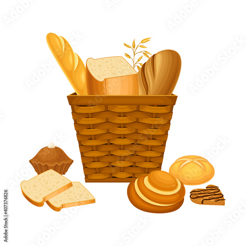 Wicker Basket Full with Bread and Sweet Pastry Vector Composition