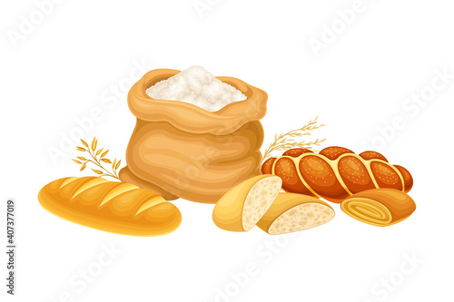 Flour Sack and Sweet Pastry and Bread Loaf Vector Composition