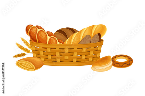 Wicker Basket Full with Bread and Sweet Pastry Vector Composition