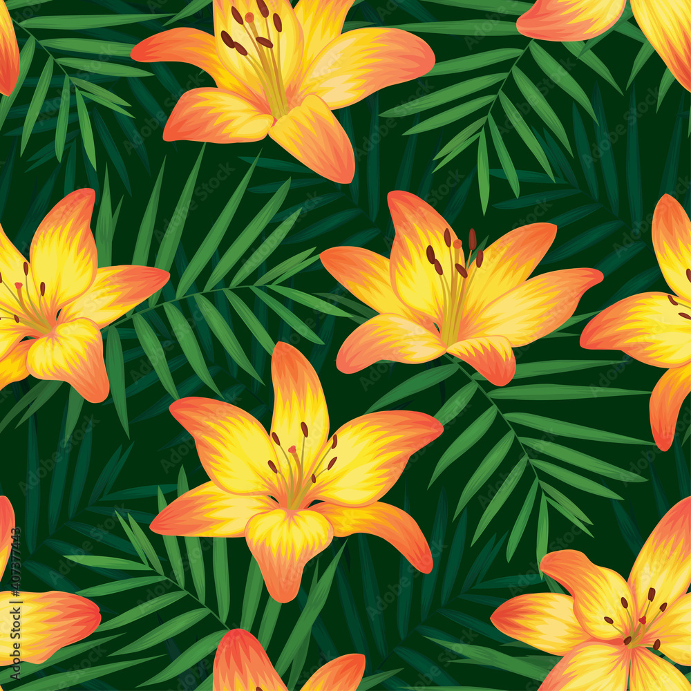 Seamless pattern with lily flowers and palm leaves background. Vector set of exotic tropical garden for holiday invitation, greeting card and textile fashion design.