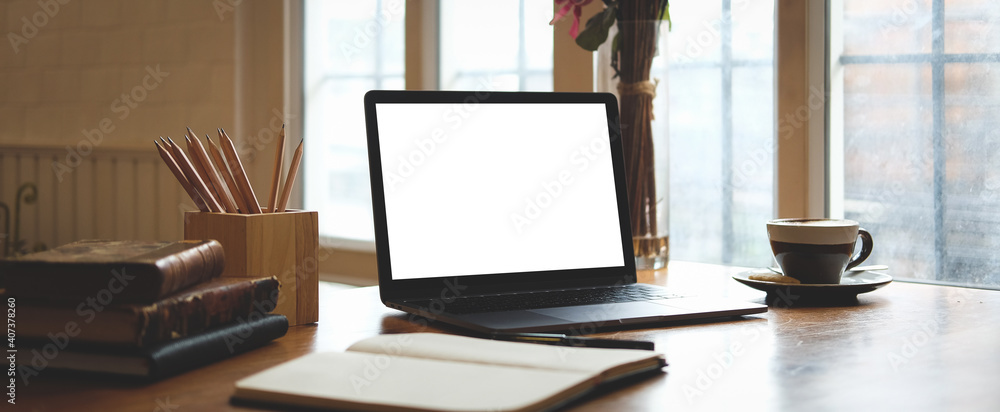 Modern workspace with computer with blank screen and equipment on white table.Blank screen for your information. Modern workspace with computer with blank screen and equipment on white table.Blank screen for your information.