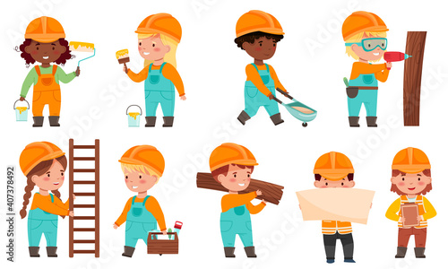 Little Builders Wearing Hard Hat with Construction Tools Executing Work Vector Set