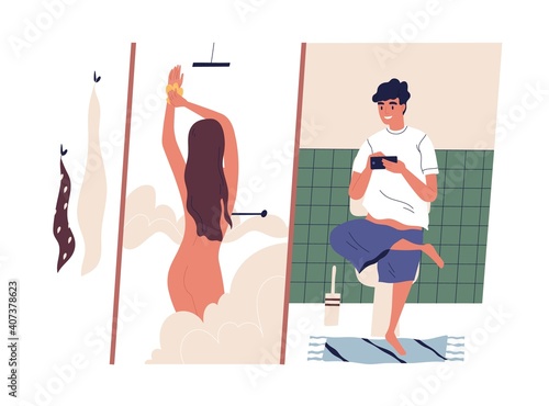 Young couple during everyday hygiene rituals in bathroom. Woman taking shower while man sitting on toilet watching funny videos on phone. Daily routine. Colorful flat vector illustration