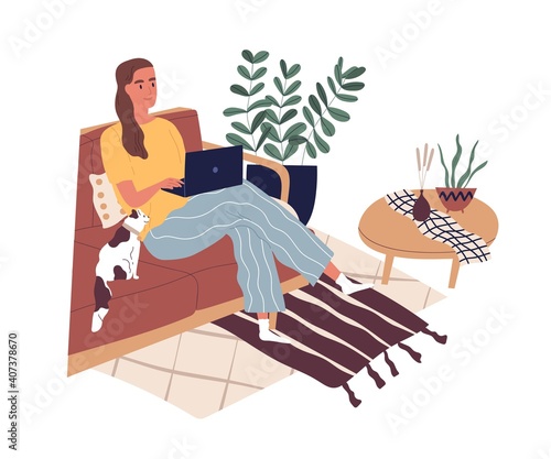 Freelancer sitting with laptop working at home during quarantine. Modern young woman sitting on sofa and studying online. Everyday routine. Flat vector illustration isolated on white background