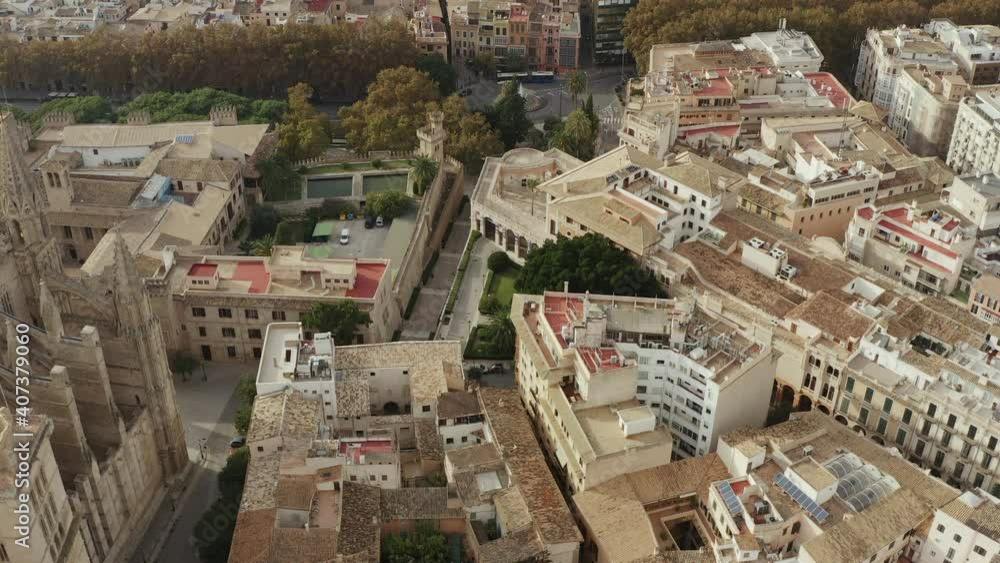 Urban landscape architecture of the old European city dron 4K video. Aerial view of streets, squares and parks with houses, cathedrals and roofs. Urban landscape architecture of the old European city dron 4K video. Aerial view of streets, squares and parks with houses, cathedrals and roofs.