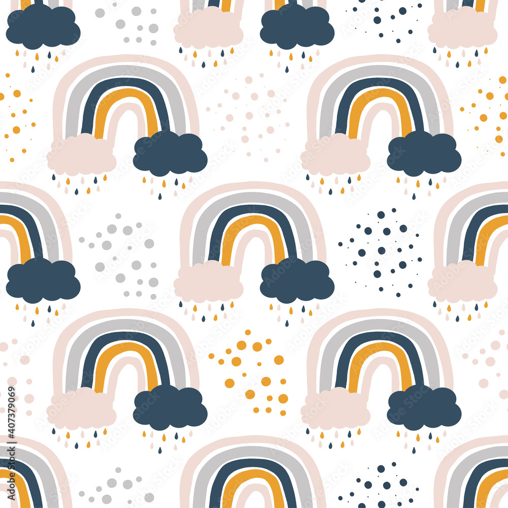 Cute kids nursery rainbow seamless pattern with repeat elements , clouds, stars, sunshine. Vector scandinavian print, pastel colours Cute kids nursery rainbow seamless pattern with repeat elements , clouds, stars, sunshine. Vector scandinavian print, pastel colours