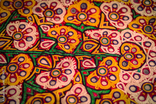Mirrored embroidery work typical of the Aahir tribe in Gujarat,india,traditional and pattern art embroidery artwork beautiful view, Handmade. Ethnic and tribal motifs.