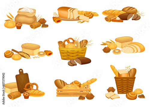 Bread Loaf and Buns as Staple Food Baked from Dough of Flour and Water Vector Composition Set