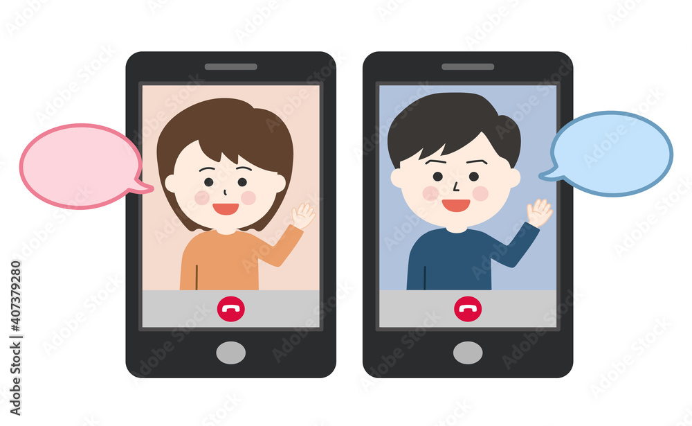 Man and woman having a video call on the cell phone with speech bubbles. Vector illustration isolated on white background. Man and woman having a video call on the cell phone with speech bubbles. Vector illustration isolated on white background.