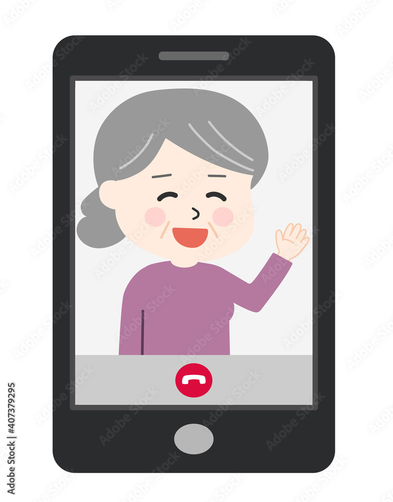 Elderly woman having a video call on the cell phone. Vector illustration isolated on white background. Elderly woman having a video call on the cell phone. Vector illustration isolated on white background.