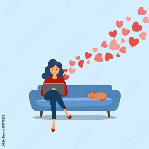 Woman sending love message via social media website or email with flying hearts. Online dating website. Love chat with boyfriend.
