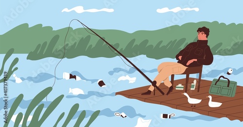 Ecological catastrophe and water contamination concept. Fisherman catching fish at dirty river contaminated with plastic garbage. Polluted environment. Colorful flat vector illustration