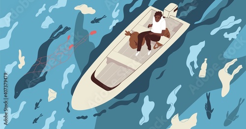 Ecological catastrophe and water contamination concept. Male character in boat on dirty sea contaminated with plastic garbage like bags and bottles. Colorful flat vector illustration