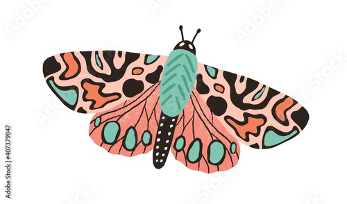 Gorgeous butterfly with bright multicolor wings and antennae isolated on white background. Beautiful flying moth. Hand drawn colored insect. Colorful flat textured vector illustration