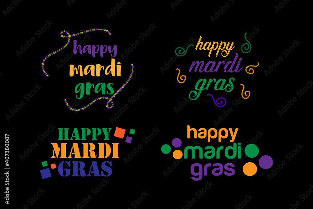 mardi gras carnival party design with cartoon colorful texts . Fat tuesday, carnival, festival. For greeting card, banner, gift packaging, poster. 
