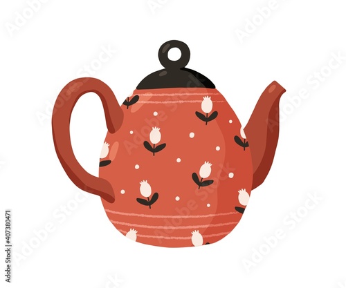 Cute ceramic colored teapot isolated on white background. Red tea kettle painted in dots and flowers. Kitchen crockery item. Hand drawn flat vector illustration