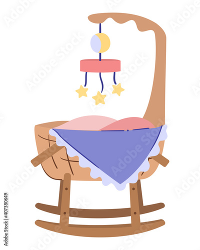 Baby cradle on runners, rocking bassinet with mobile toy and blanket corner stick up from newborn bed. Isolated vector illustration on white background