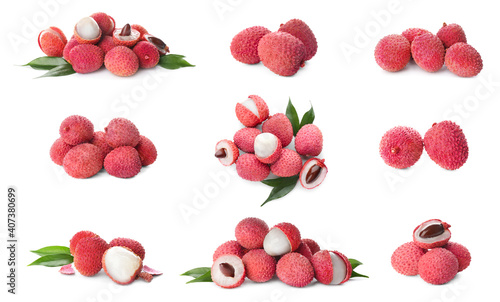 Set of delicious fresh lychees on white background