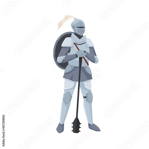 Medieval knight standing in helmet and armor holding shield on back and leani...