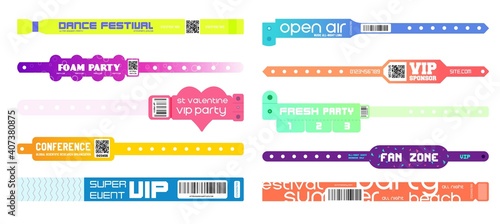 Event bracelet for party, disco performance access control. Set of pass ribbon sticker design for dance, music festival, private area admission vector illustration isolated on white background
