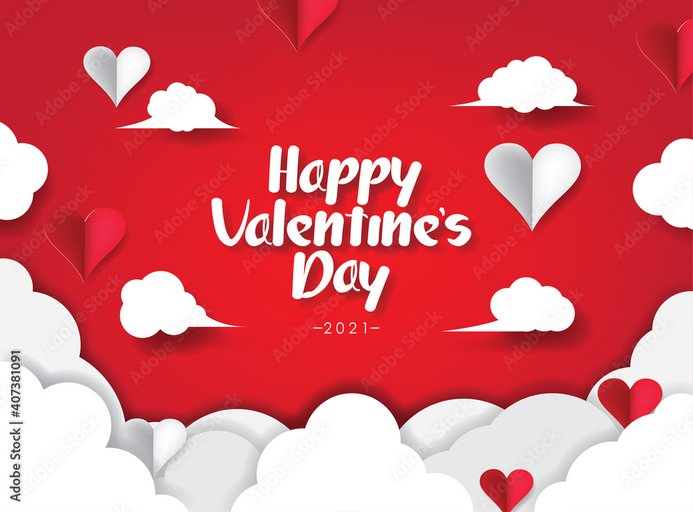 Happy Valentine's Day 2021 Card Illustration Vector Design. 3D papercut Clouds and Hearts