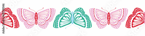 Butterfly border design, cute vector seamless repeat banner illustration of pretty insects in red, pink and green.