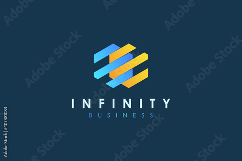 Infinity Logo. Blue and Yellow Geometric Hexagonal Striped Lines Style isolated on Dark Blue Background. Usable for Business and Technology Logos. Flat Vector Logo Design Template Element.