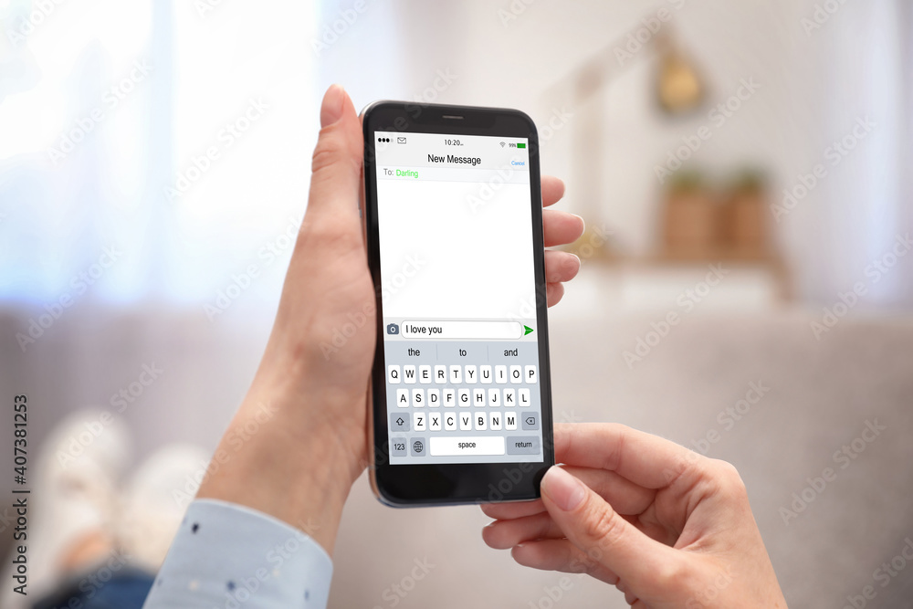 Woman sending message with text I Love You, closeup Woman sending message with text I Love You, closeup