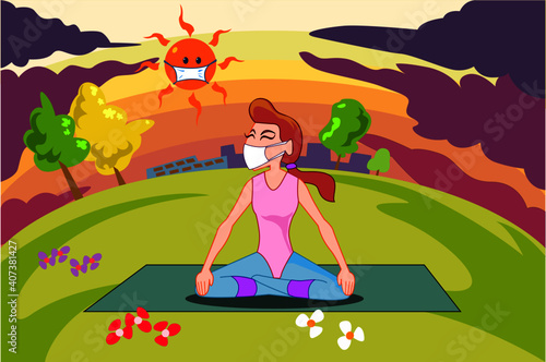 Solo outdoor activities yoga in the park,new normal,social distancing,cartoon character colorful,after lockdown Coronavirus outbreak and coronaviruses influenza.