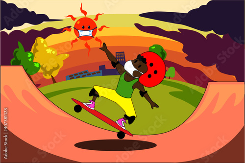 Solo outdoor activities skateboard in the park,new normal,social distancing,cartoon character colorful,after lockdown Coronavirus outbreak and coronaviruses influenza.