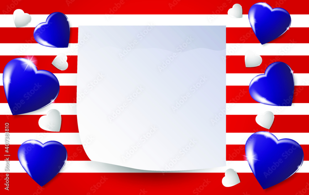 Obraz premium Volumetric blue and white 3D hearts and a realistic sheet of scrapbook on a red and white background. Colors of American Identity. Independence Day, MLK Day, George Washington Birthday, Memor