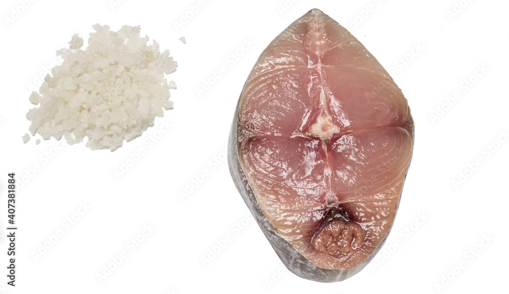 King mackerel, Spotted mackerel, Seerfish fresh slice and salt isolated on white background,topview King mackerel, Spotted mackerel, Seerfish fresh slice and salt isolated on white background,topview