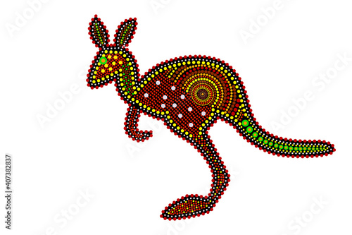 Kangaroo isolated on white background. Australia aboriginal kangaroo dot art painting. Aboriginal tribal styled kangaroo. Decorative ethnic style. For flyer, poster, banner, placard, brochure. Vector