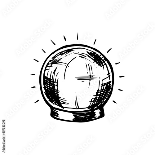 Magic witch ball predicting fate. Equipment for witchcraft and divination. Hand drawn black doodle sketch outline tattoo engraving. Stock vector illustration isolated on white background.