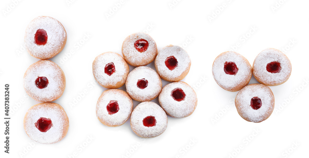 Set of Hanukkah doughnuts with jelly and sugar powder on white background, top view Set of Hanukkah doughnuts with jelly and sugar powder on white background, top view