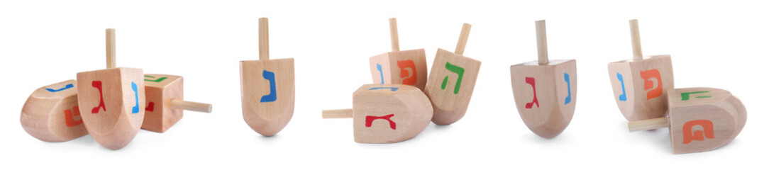 Hanukkah traditional dreidels with letters on white background, collage. Banner design