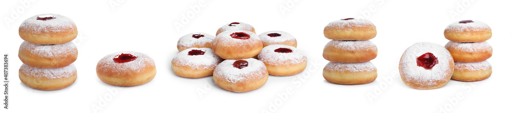 Hanukkah doughnuts with jelly and sugar powder on white background, collage. Banner design