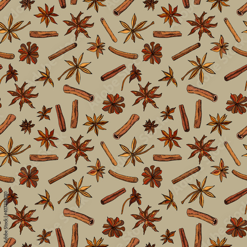 Seamless pattern from spice cinnamon and anise stars. Hand-drawn illustration.	