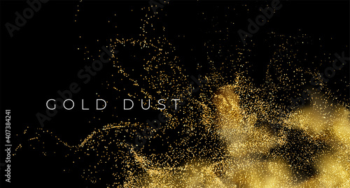Gold sequins glitter dust isolated on black background. Vector illustration