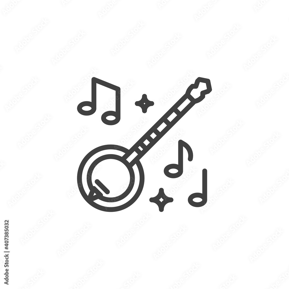 Banjo music instrument line icon. linear style sign for mobile concept and web design. Musical notes and banjo outline vector icon. Symbol, logo illustration. Vector graphics Banjo music instrument line icon. linear style sign for mobile concept and web design. Musical notes and banjo outline vector icon. Symbol, logo illustration. Vector graphics