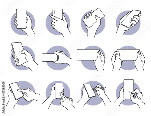 Hand holding and using smart phone with white blank screen icon set. Vector illustrations of hand carrying phone, finger gesture tapping on screen, and using pen tool to write and pinpoint.