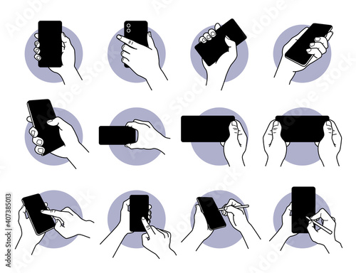 Hand holding and using smart phone with black blank screen icon set. Vector illustrations of hand carrying phone, finger gesture tapping on screen, and using pen tool to write and pinpoint.