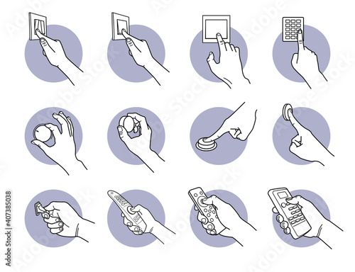 Hand pressing, turning, pushing, and flipping switch button. Vector illustrations of a hand controlling and adjusting electrical device with wall switch, dial button, knob, flip and remote controller.