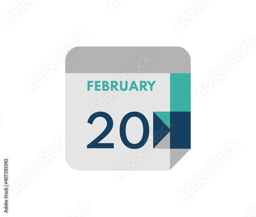 February 20 flat daily calendar date, 20 February Single Day Calendar Icon