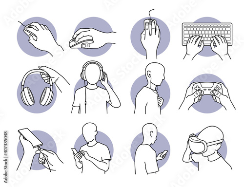 Hand using computer mouse, keyboard, gamepad, game controller, and holding a headphone. Man listening to earphone, using smart phone, charging phone battery, and wearing VR or virtual reality headset.