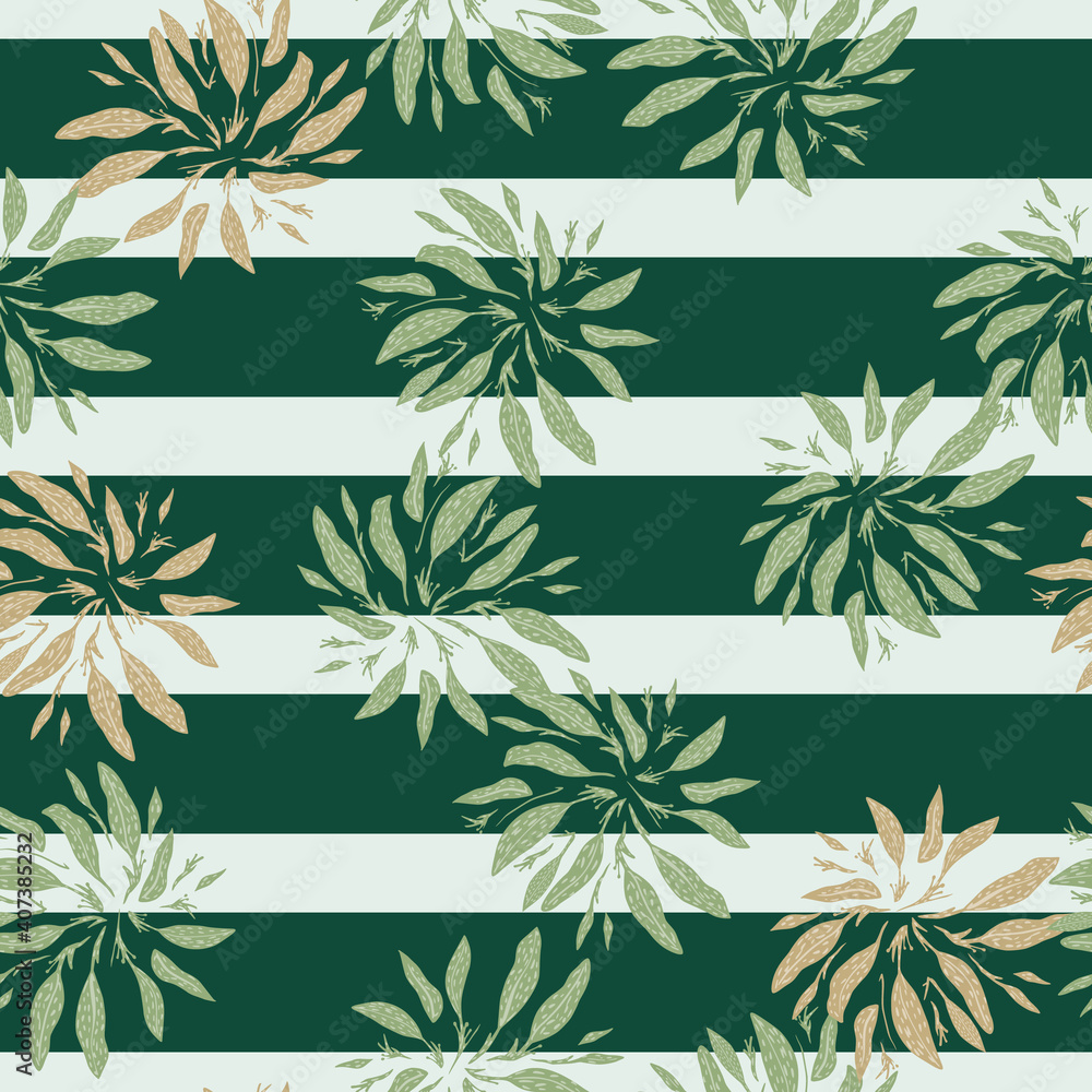 Hand drawn seamless pattern with random foliage shapes ornament. Striped background with grey and green lines.
