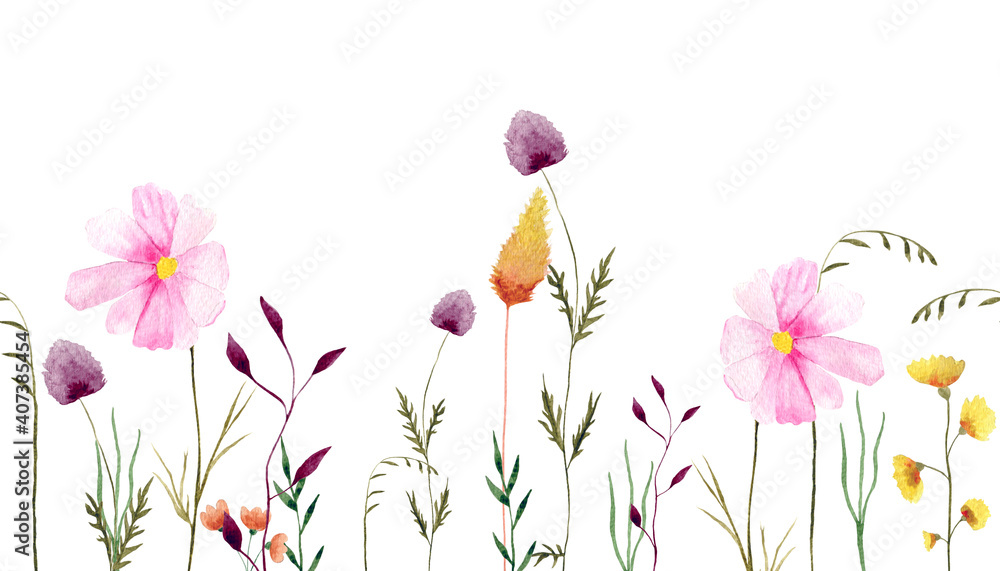 Seamless panoramic horizontal floral pattern. With wildflowers  and leaves illustrations . 