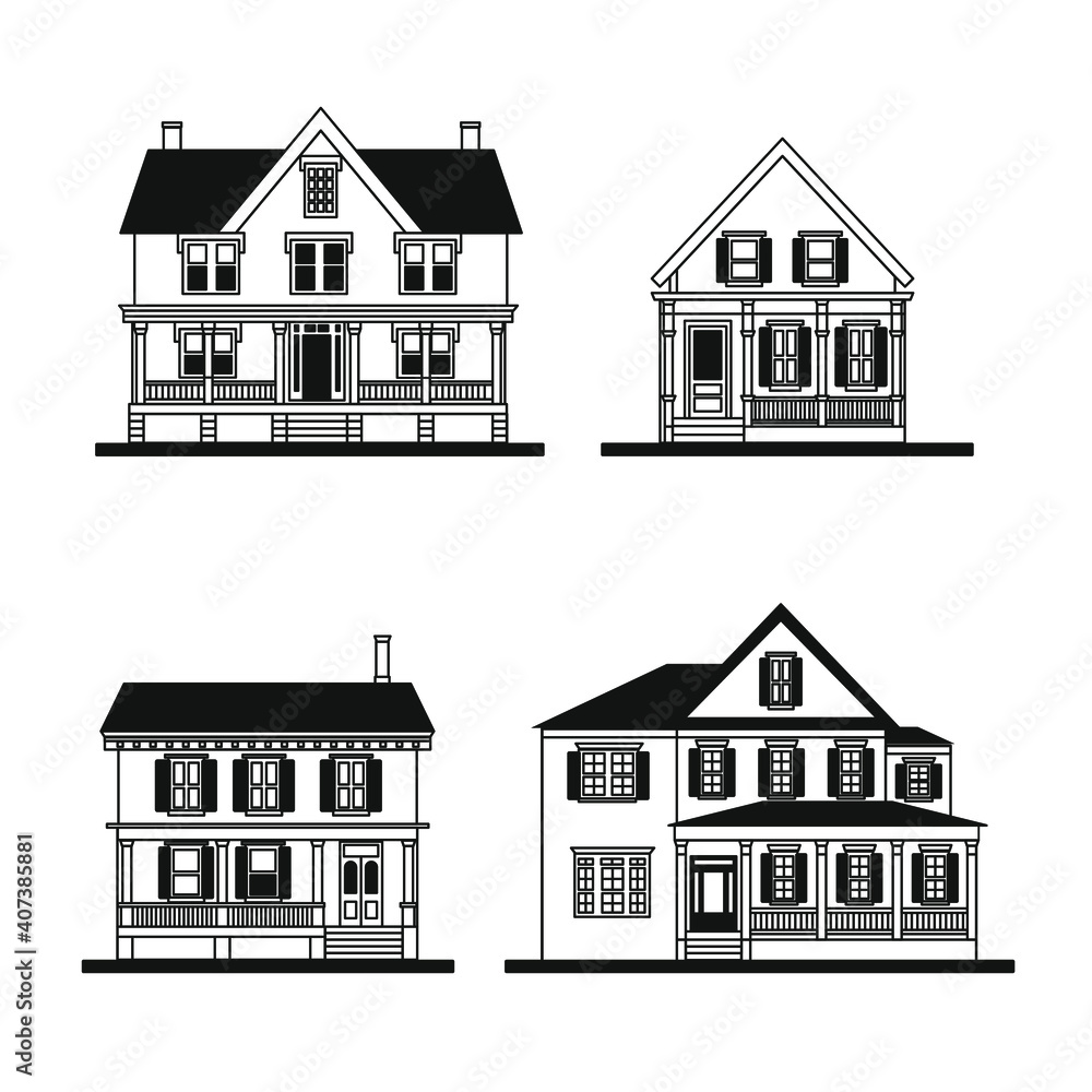 Family american townhouse. Building vector illustration. Set of linear house. Different facades.  Vector sketches. Vector linear house for web design isolated on white background. 